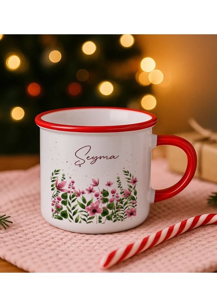 Kişiye Özel Çiçek Tasarımlı Kırmızı Emaye Kupa Bardak -5, Arkadaşa Hediye, Sevgiliye Hediye