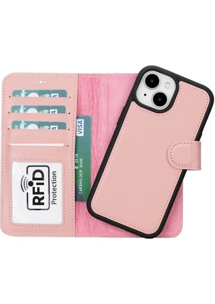 Apple iPhone 15 Uyumlu Deri Cüzdanlı Kılıf Mwwn Nu2 Pembe