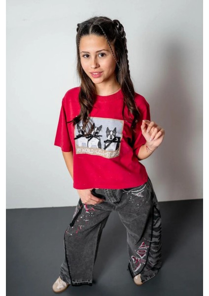 Queenkids Kız Çocuk 7581 Kedili Tişört Kırmızı fiyatları