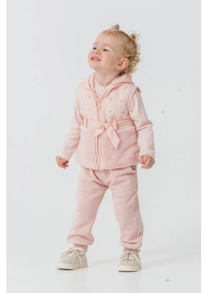 Queenkids Kız Bebek 52021 Yelekli 3'lü Takım Pembe