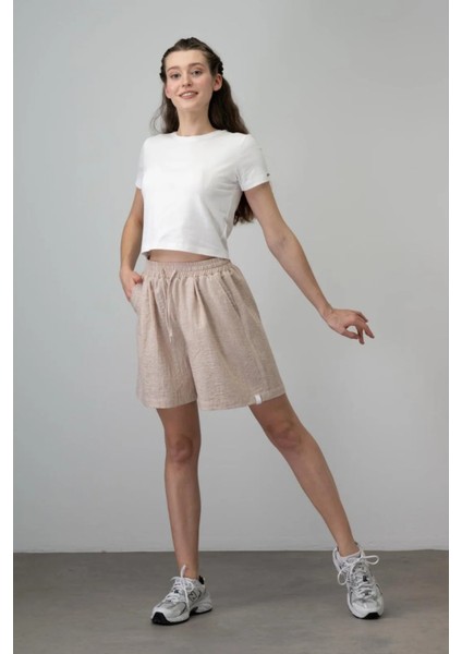 Queenkids Kız Çocuk 7559 Keten Şort Bej