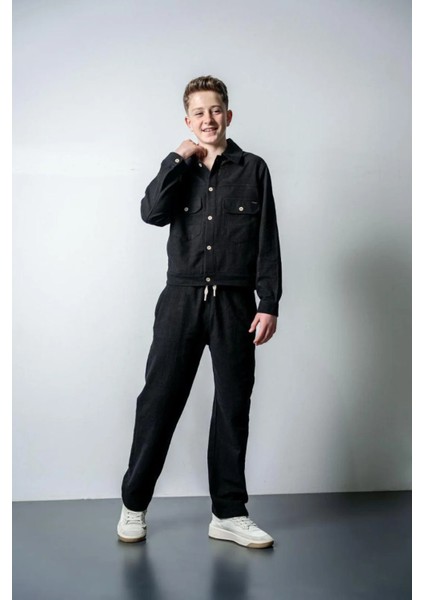 Queenkids Erkek Çocuk Keten Cepli Takım Siyah