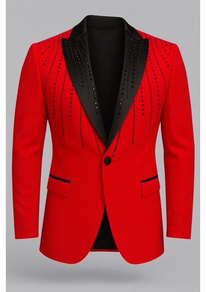 Erkek Siyah Taş Detaylı Saten Yaka Blazer Ceket – Özel Tasarım Şık Damatlık & Gece Kombini