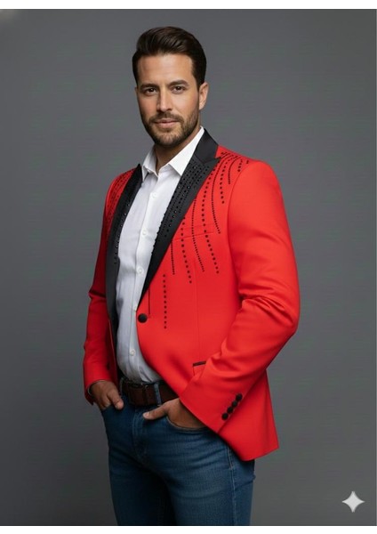 Erkek Siyah Taş Detaylı Saten Yaka Blazer Ceket – Özel Tasarım Şık Damatlık & Gece Kombini modelleri