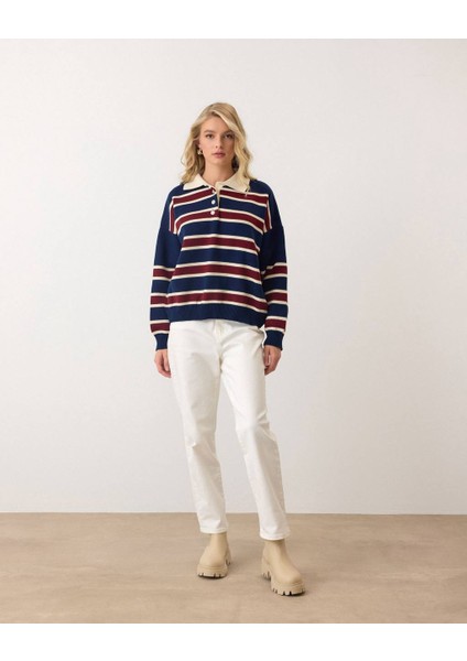 Polo Yaka Çizgili Triko Kazak