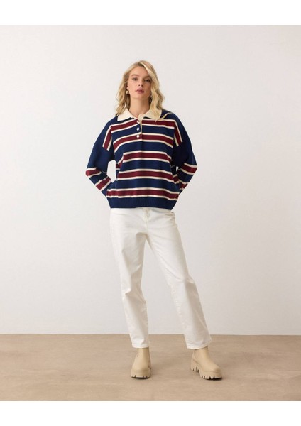 Polo Yaka Çizgili Triko Kazak fiyatları