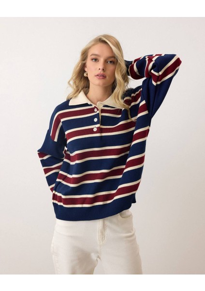 Polo Yaka Çizgili Triko Kazak modelleri