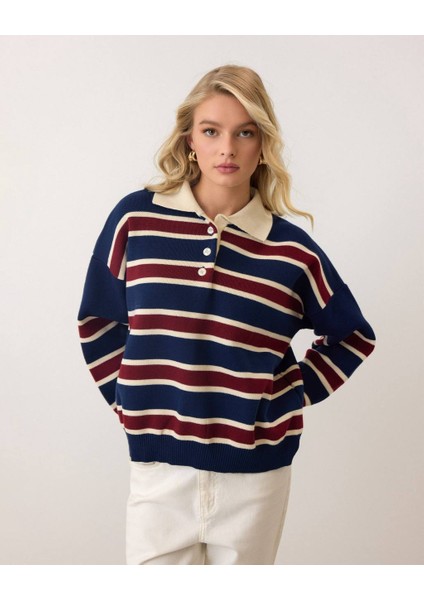 Polo Yaka Çizgili Triko Kazak fırsatları
