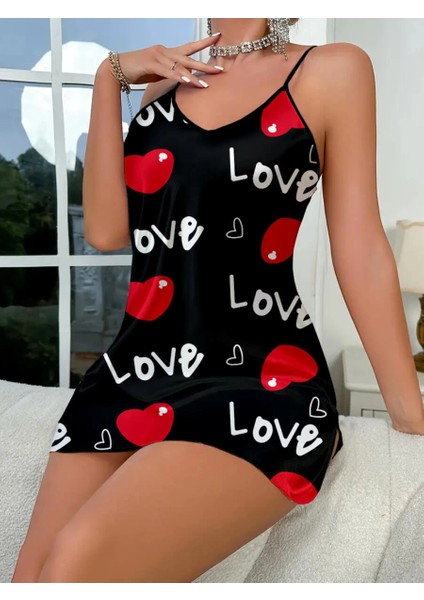 Love Desenli Siyah Saten Gecelik - ME001W-51U7P7 fiyatları