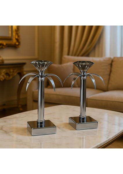 Dekoratif 2'li Palmiye Şamdan - Gümüş/füme fiyatları