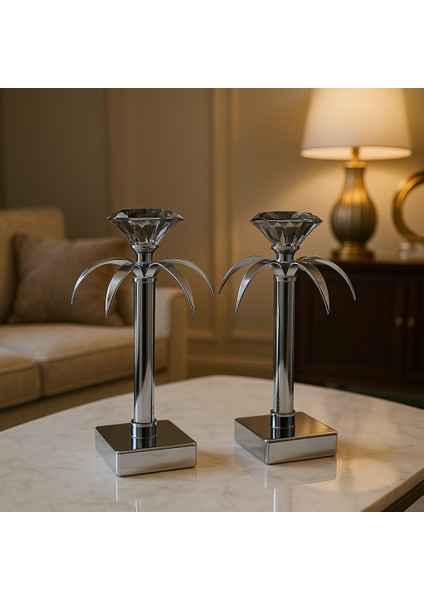 Dekoratif 2'li Palmiye Şamdan - Gümüş/füme modelleri