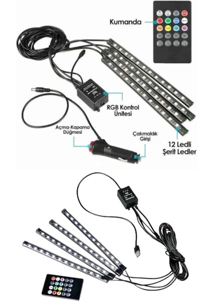 Araç Içi Ayak Altı LED 12 LED Işık Sese Müziğe Duyarlı Rgb Işıklı Aydınlatma Seti modelleri