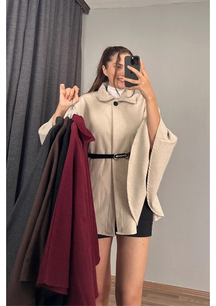 Bej Prilika Kadın Rahat Araboy Kemerli Şık Kaşe Panço – 2025 Yeni Sezon modelleri