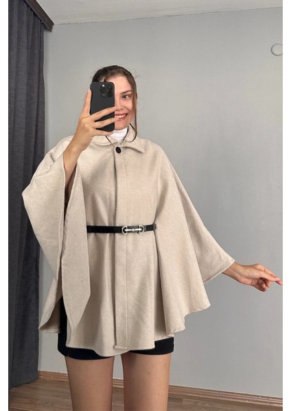 Bej Prilika Kadın Rahat Araboy Kemerli Şık Kaşe Panço – 2025 Yeni Sezon fırsatları