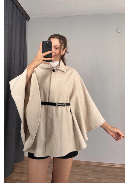 Bej Prilika Kadın Rahat Araboy Kemerli Şık Kaşe Panço – 2025 Yeni Sezon indirimleri