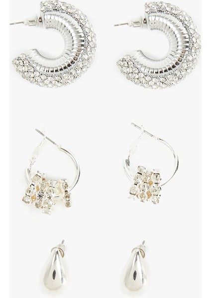 3'lü Taşlı Halka ve Damla Küpe Seti