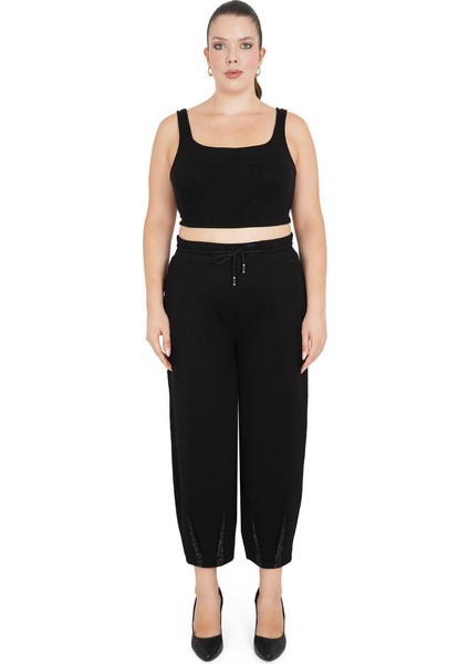 Büyük Beden Mom Yüksek Bel Paça Detaylı Örme Kadın Pantolon