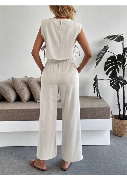 Yan Bağlama Detaylı Pantolonlu Takım Bej modelleri