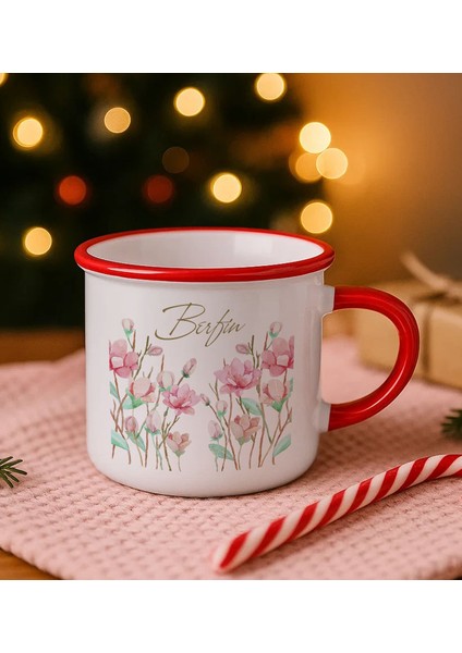 Kişiye Özel Çiçek Tasarımlı Kırmızı Emaye Kupa Bardak -11, Arkadaşa Hediye, Sevgiliye Hediye