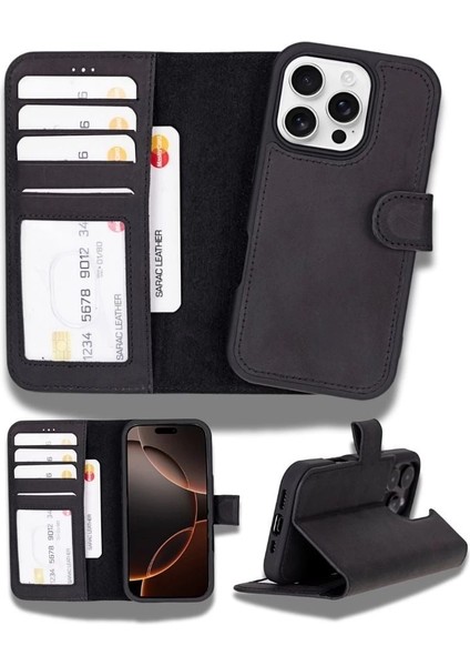 Apple iPhone 16 Pro Uyumlu, Hakiki Deri, El Yapımı, Cüzdanlı Kılıf, Mat Siyah indirimleri