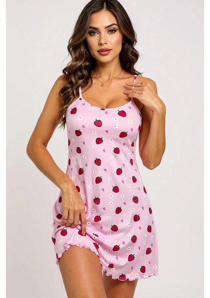 Pembe Çilek Desenli Askılı Kadın Gecelik - BI001V-4YW012