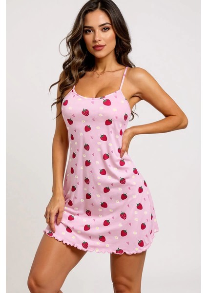 Pembe Çilek Desenli Askılı Kadın Gecelik - BI001V-4YW012 fiyatları