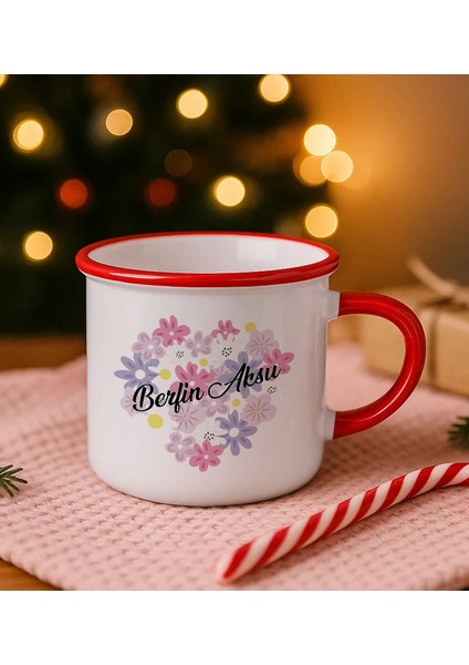 Kişiye Özel Çiçek Tasarımlı Kırmızı Emaye Kupa Bardak -17, Arkadaşa Hediye, Sevgiliye Hediye