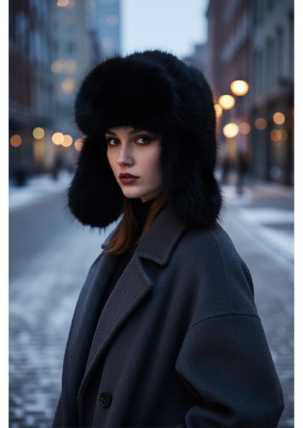 Siyah Ithal Pilot Şapka Suni Kürk Ekstra Kabarık