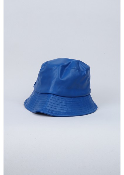 Saks Mavisi Deri Bucket Kadın Şapka - Balıkçı Şapka