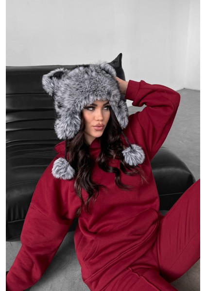 Kulaklı Kabarık Kürk Kalpak Şapka Peluş Slavic Şapka - Füme