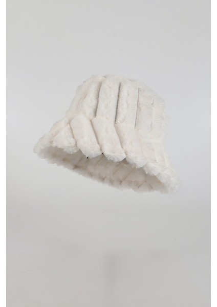 Ekru Fitilli Desen Peluş Kürk Bucket Şapka