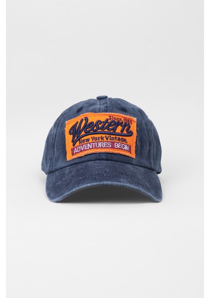 Eskitme Kot Lacivert Hardal Baseball Cap Nakışlı Tasarım Şapka
