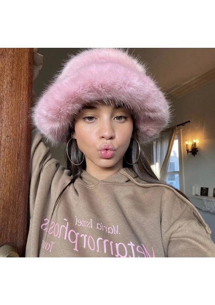 Pembe Yuvarlak Şapka Peluş Bucket Ekstra Kabarık Şapka