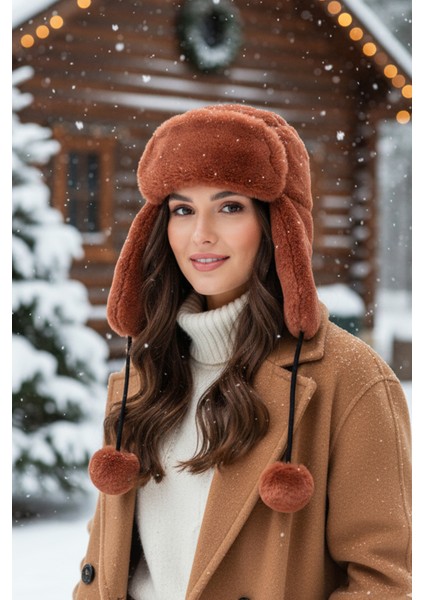 Kiremit Ponponlu Kürk Şapka - Peluş Şapka