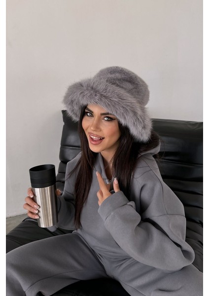 Kürk Yuvarlak Kalpak Şapka Peluş Bucket Şapka - Gri