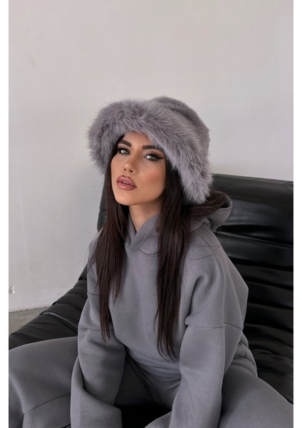 Kürk Yuvarlak Kalpak Şapka Peluş Bucket Şapka - Gri fiyatları