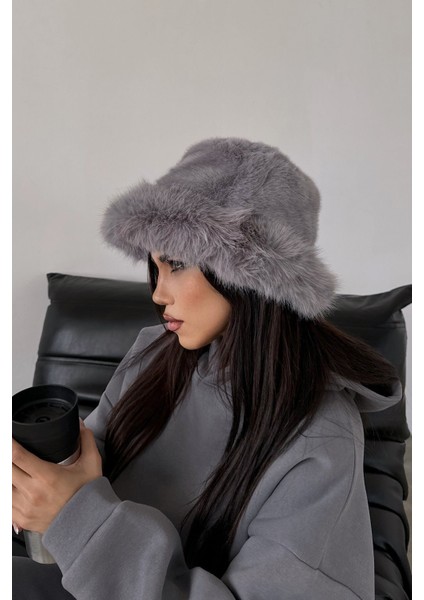 Kürk Yuvarlak Kalpak Şapka Peluş Bucket Şapka - Gri modelleri