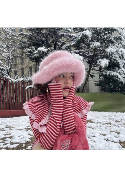 Pembe Yuvarlak Şapka Peluş Bucket Ekstra Kabarık Şapka modelleri