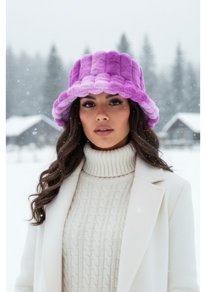 Mor Fitilli Desen Peluş Kürk Bucket Şapka