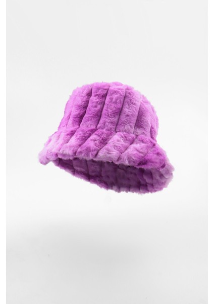 Mor Fitilli Desen Peluş Kürk Bucket Şapka modelleri