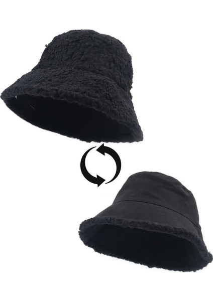 Içi Peluş Süet Kumaş Bucket Şapka Çift Taraflı - Siyah