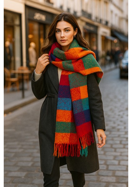 Turuncu Kare Desenli Püsküllü Kalın Sıcak Tutan Şık Kışlık Atkı SAL1292