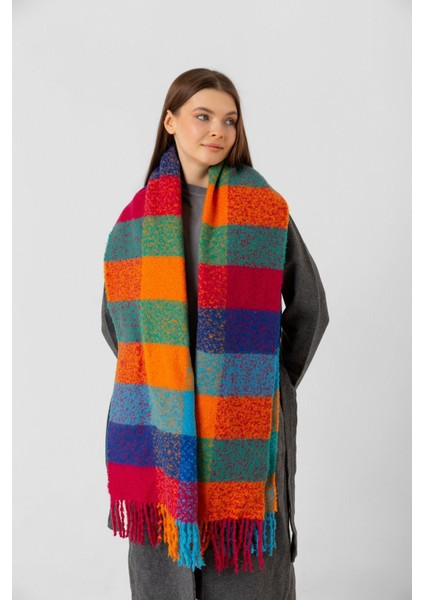 Turuncu Kare Desenli Püsküllü Kalın Sıcak Tutan Şık Kışlık Atkı SAL1292 fiyatları