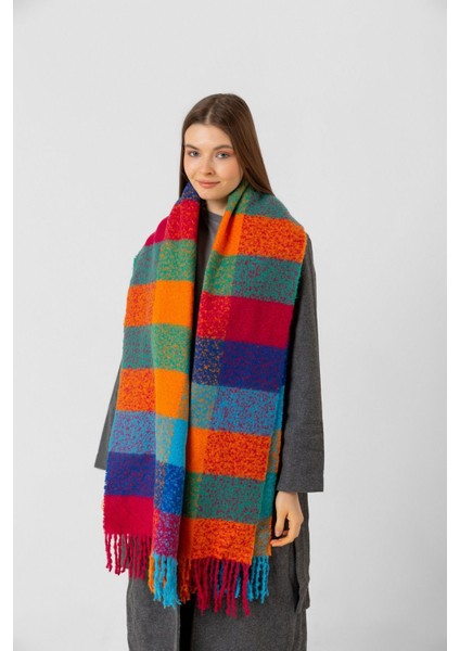 Turuncu Kare Desenli Püsküllü Kalın Sıcak Tutan Şık Kışlık Atkı SAL1292 modelleri