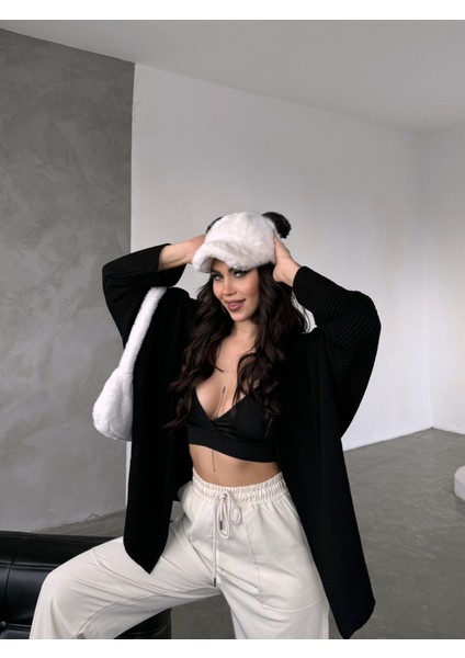 Kulaklı Panda Kürk Şapka - Siyah Beyaz modelleri