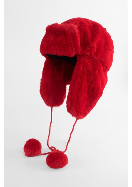 Suni Kürk Kırmızı Peluş Şapka - Kulaklı Pliot Şapka