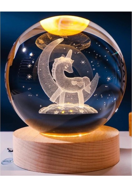 Dekoratif Ay Içinde Unicorn Tasarımlı Ahşap Altlıklı Işıklı Cam Küre Cam:8cm Ahşap:2cm B