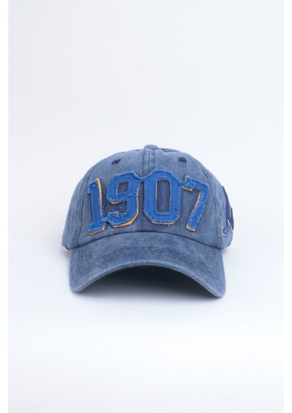 1907 Kanarya Yazılı Nakışlı Eskitme Premium Unisex Şapka - Mavi Lacivert