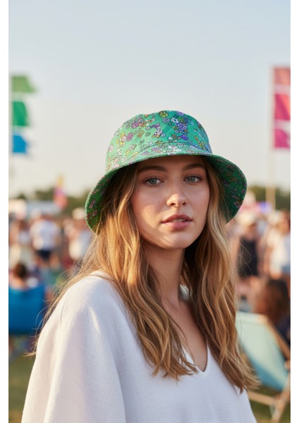 Çiçek Desenli Bucket Kova Kumaş Şapka - Yeşil