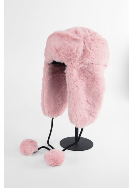 Suni Kürk Pembe Peluş Şapka - Kulaklı Pliot Şapka